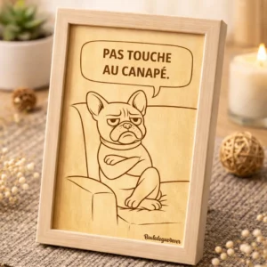Cadre gravé bois "Pas touche au canapé"