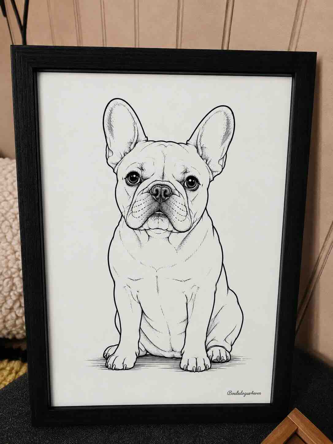 Affiche Portrait Bouledogue Français – Illustration noir et blanc – A4
